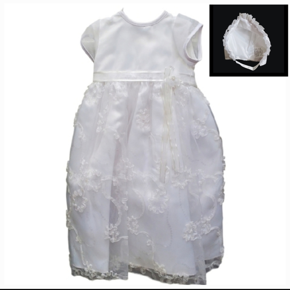Baptism Christening Gown/Bonnets Lace Overlay Satin Sash Formal Dress Size 6-9M
